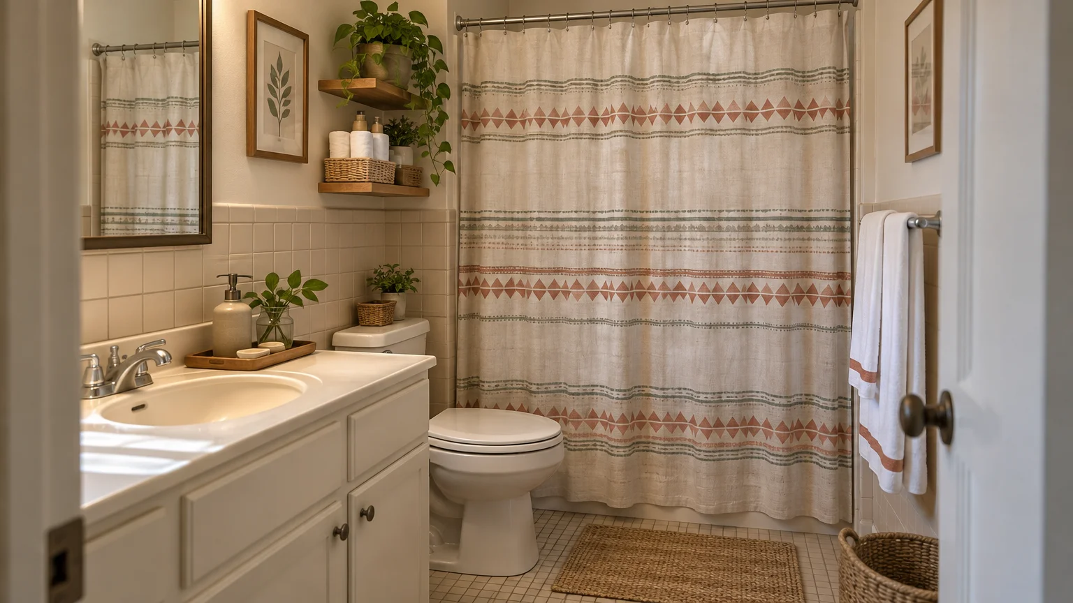 Warm, tidy bathroom with a white vanity, toilet, patterned shower curtain, floating shelves with plants and towels, framed botanical art, and woven baskets.