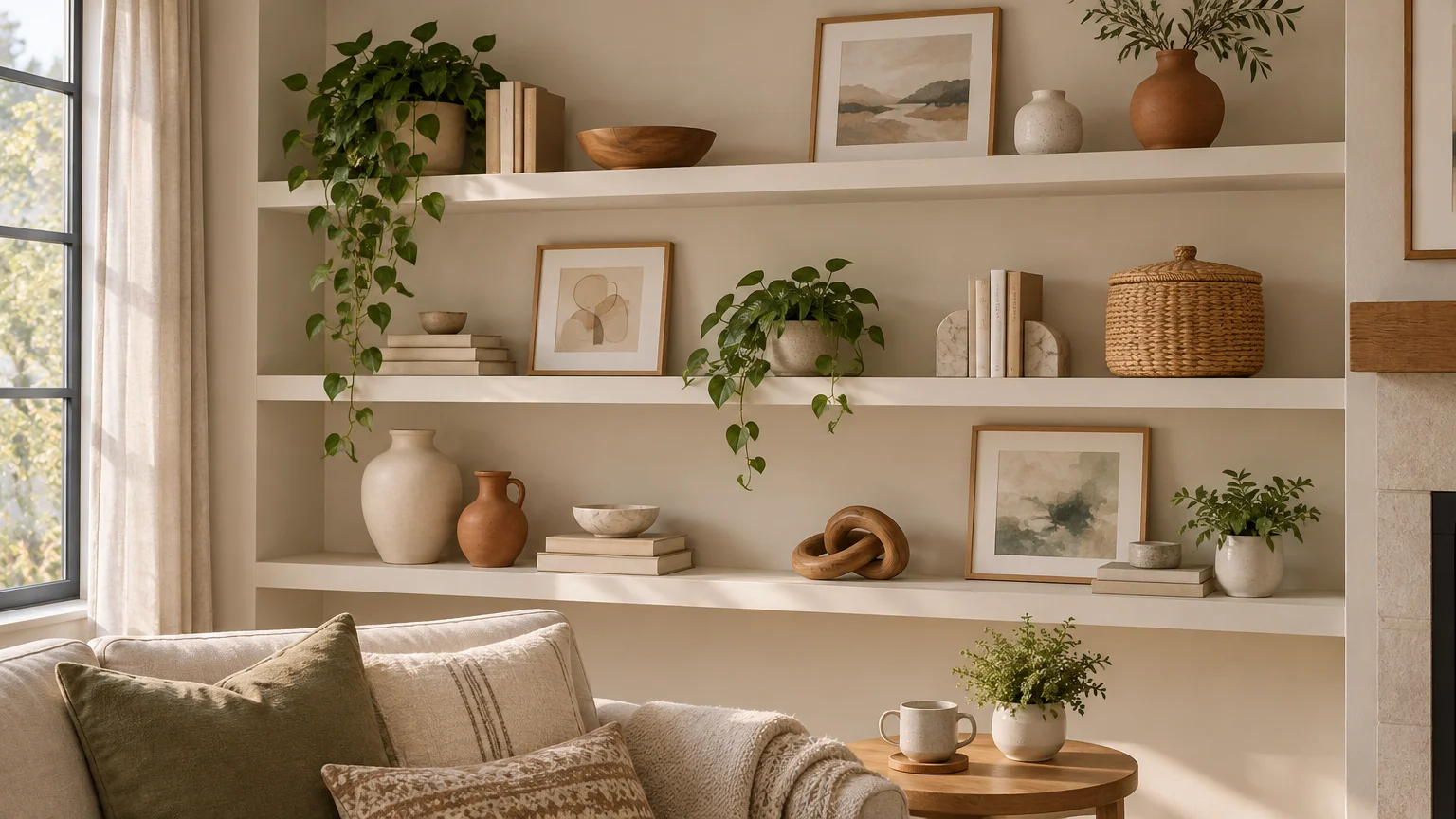 Warm sunlit living room with three white open shelves styled with trailing plants, neutral books, framed art, pottery, woven storage basket, and small decorative objects above a sofa and side table.
