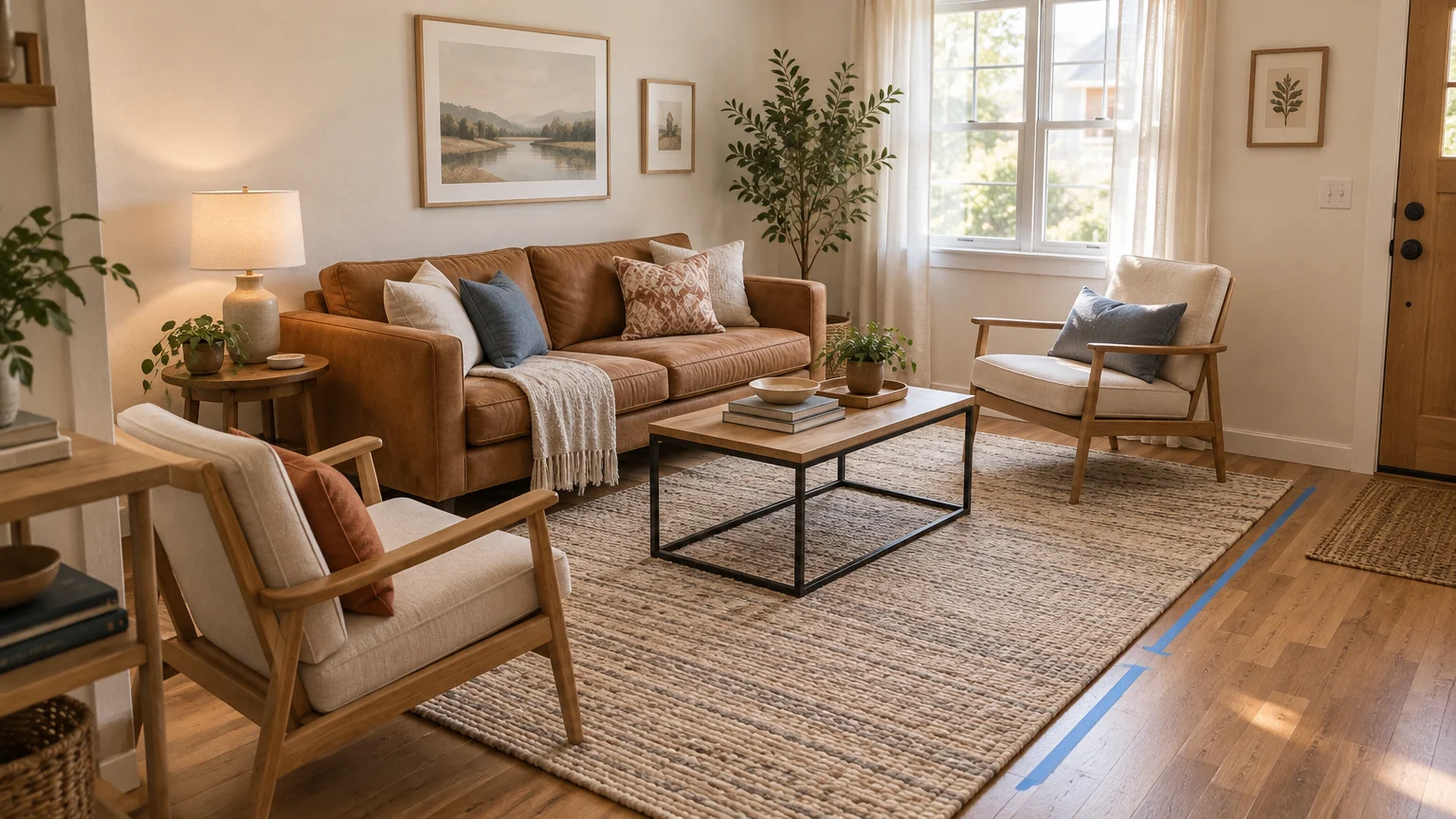 Warm, sunlit living room with a brown leather sofa, two wooden armchairs, a coffee table, plants, and a large textured area rug beneath the seating arrangement.