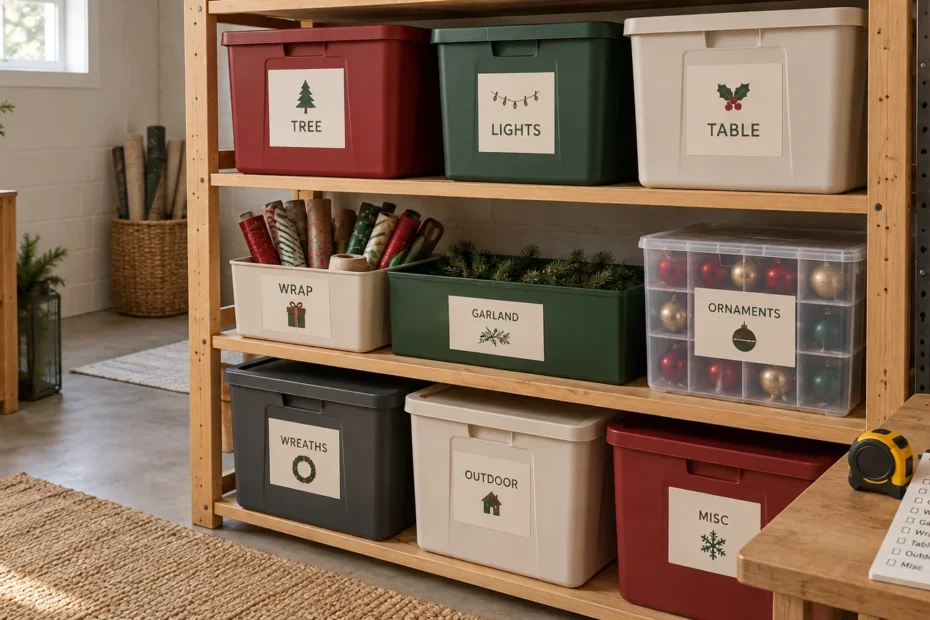 Wood shelving holds neatly labeled holiday storage bins for tree, lights, table décor, wrapping paper, garland, ornaments, wreaths, outdoor items, and miscellaneous décor; a holiday inventory checklist and tape measure sit on a nearby worktable.