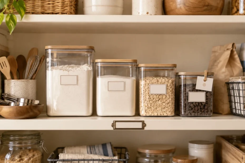 Warmly lit pantry shelves with clear, wood-lidded containers of flour, sugar, oats, and dark beans, mostly fitted with blank framed labels; a clipped blank paper tag hangs from one container beside baskets, utensils, and folded towels.