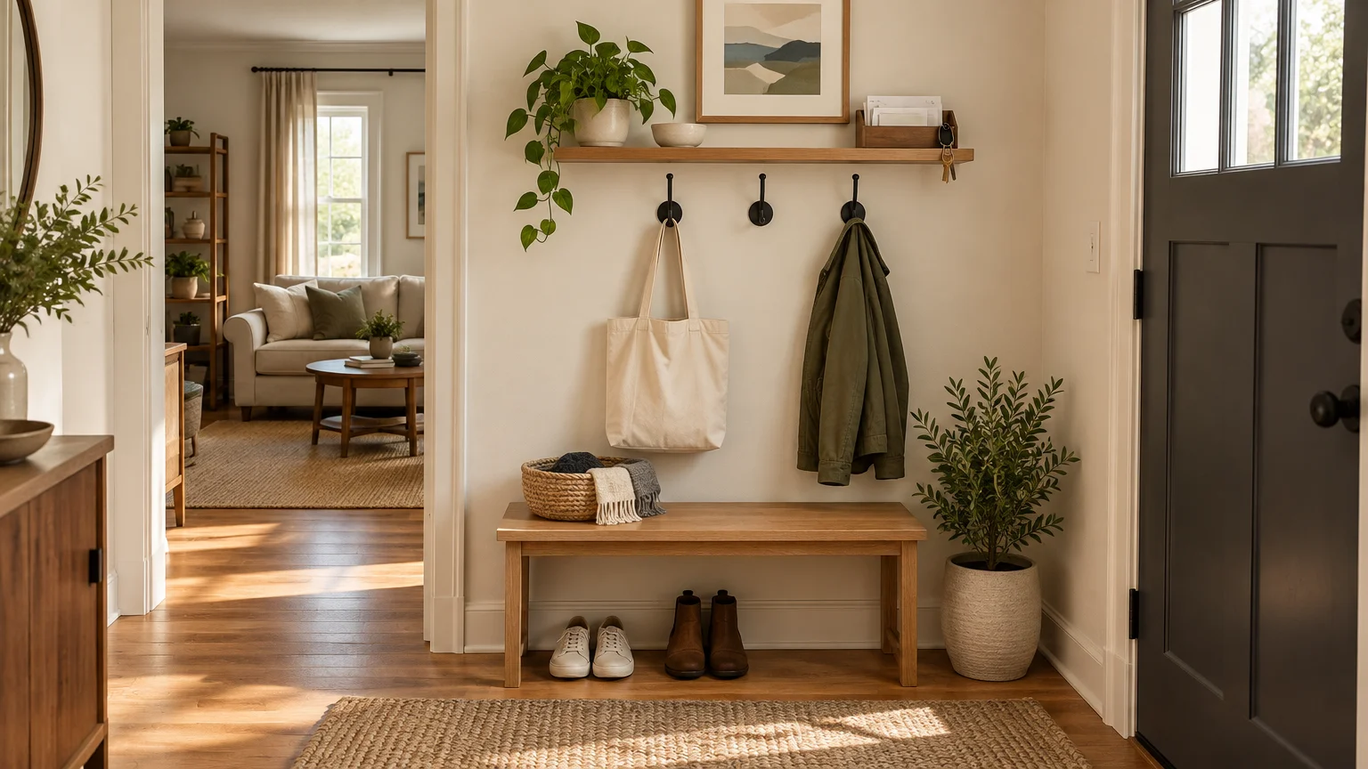 Warm entryway with a wooden bench, shoes underneath, wall hooks holding a tote bag and jacket, a shelf with a plant and mail tray, and a dark front door.