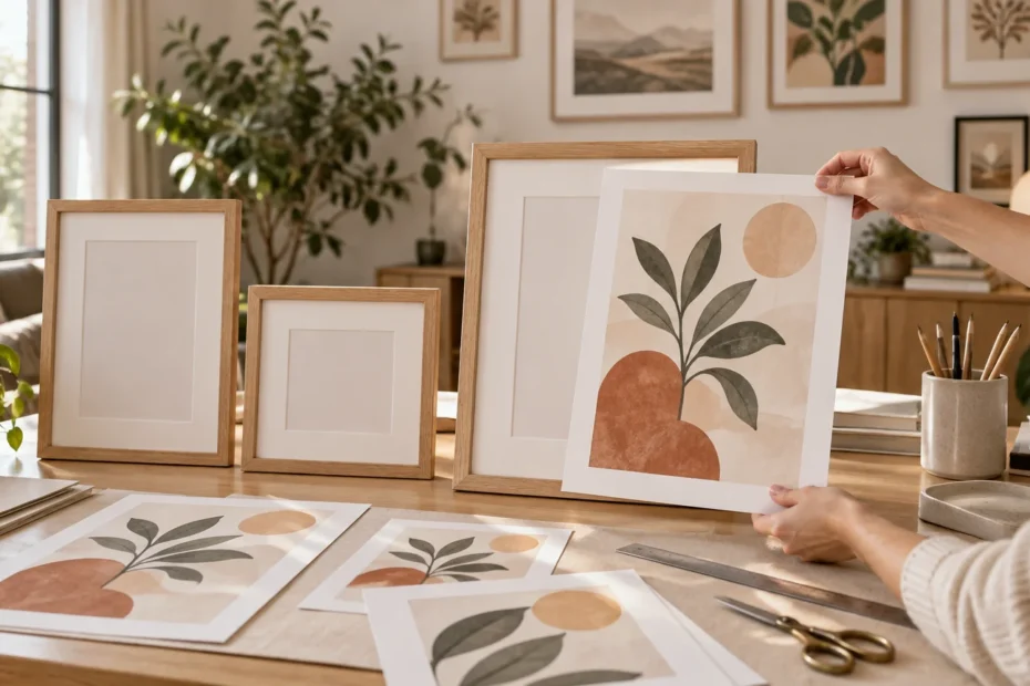 Person holds a botanical art print above a large wooden frame on a sunlit desk with two smaller empty frames, extra prints, scissors, a ruler, and art supplies.