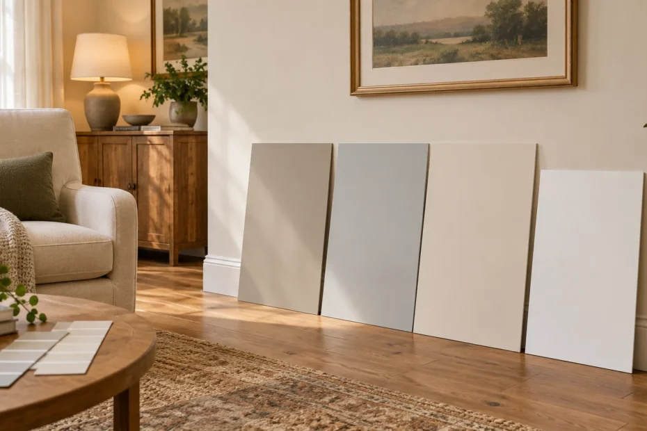 Warm sunlit living room with four large neutral paint sample boards leaning against a cream wall beside a chair, wood cabinet, framed landscape, and paint swatches on a coffee table.
