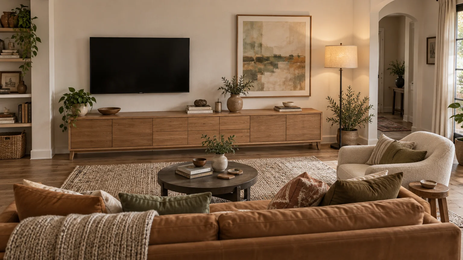 Warm neutral living room with a wall-mounted TV positioned left of a large framed landscape painting, a long wood media console, floor lamp, plants, rug, and seating.