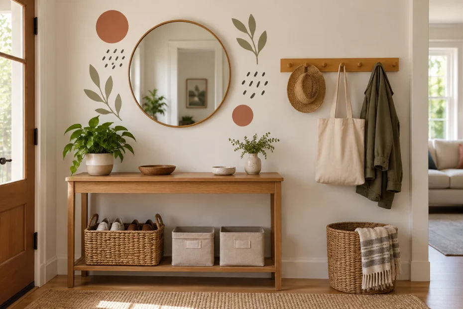 Warm, tidy entryway with a wooden console, round mirror, coat hooks, woven baskets, and muted leaf-and-dot wall decals beside a glass-paneled door.
