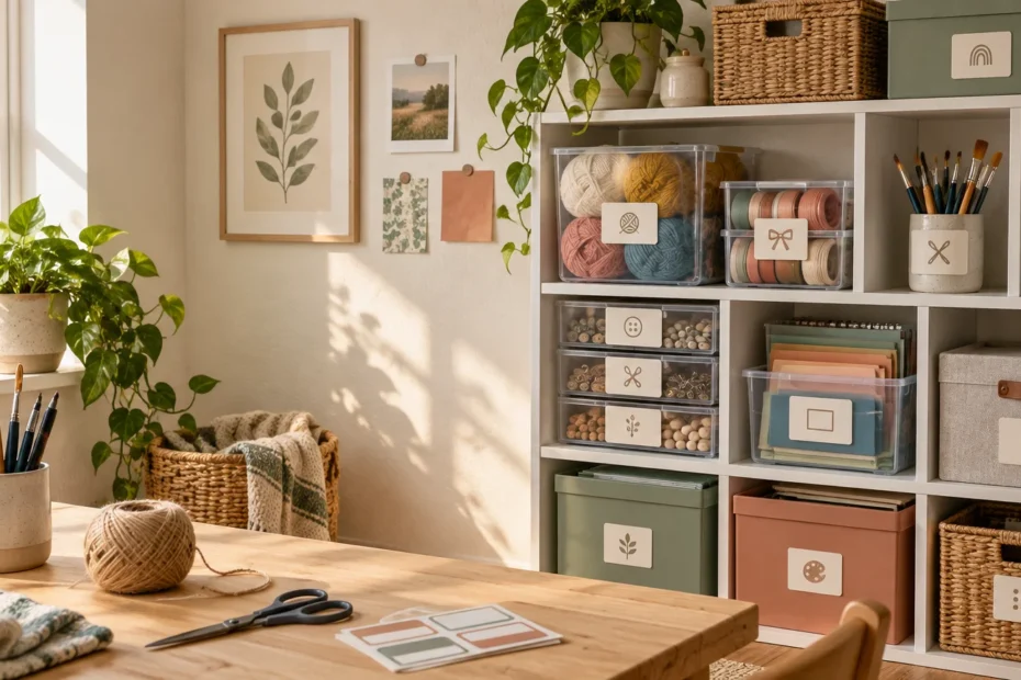Sunlit craft room with a wooden worktable, yarn, scissors, paintbrushes, plants, and a white cubby shelf filled with labeled storage bins, baskets, and craft supplies.